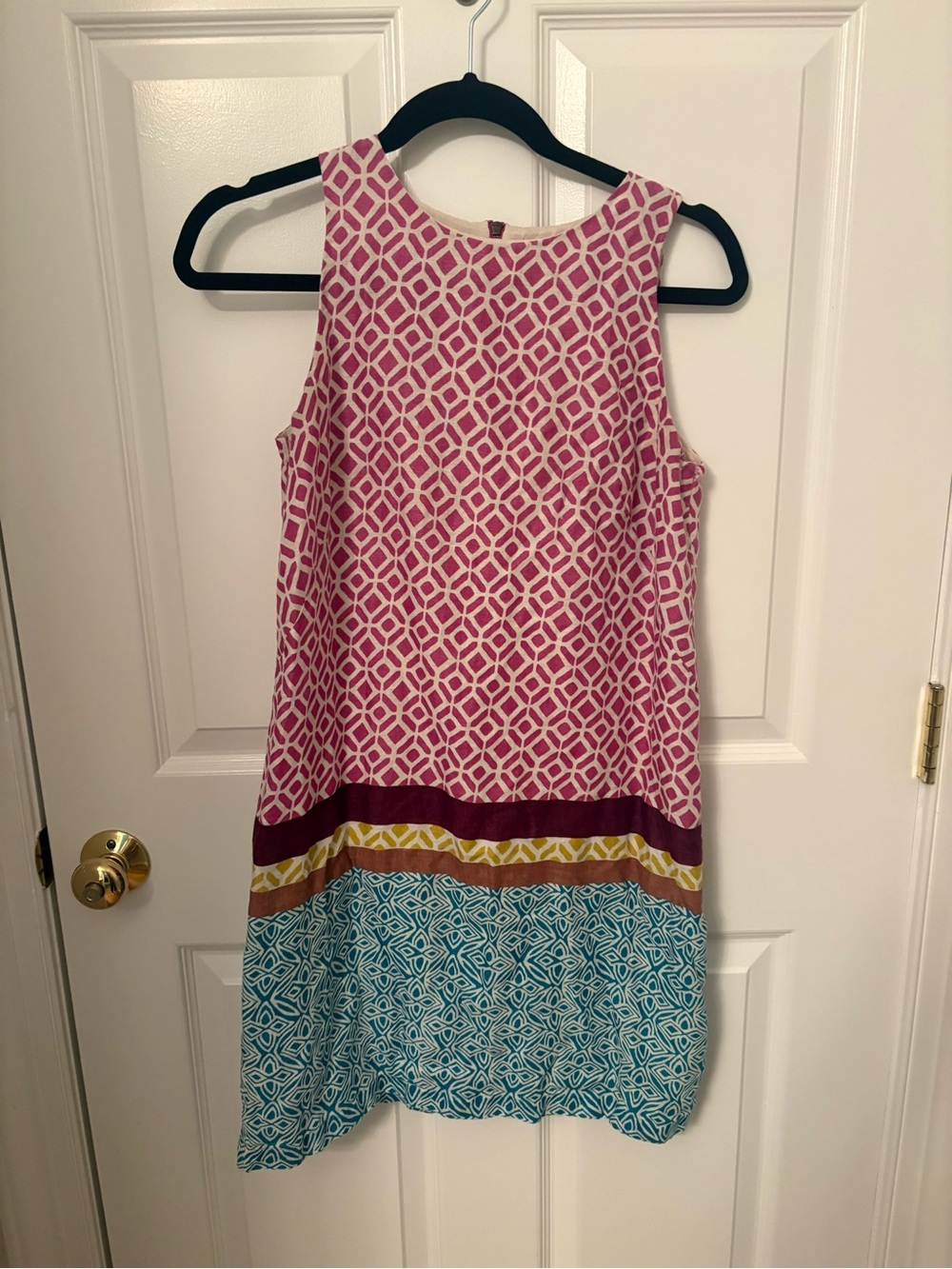 Loft Sleeveless Pink and Teal Patterned Shift Dress